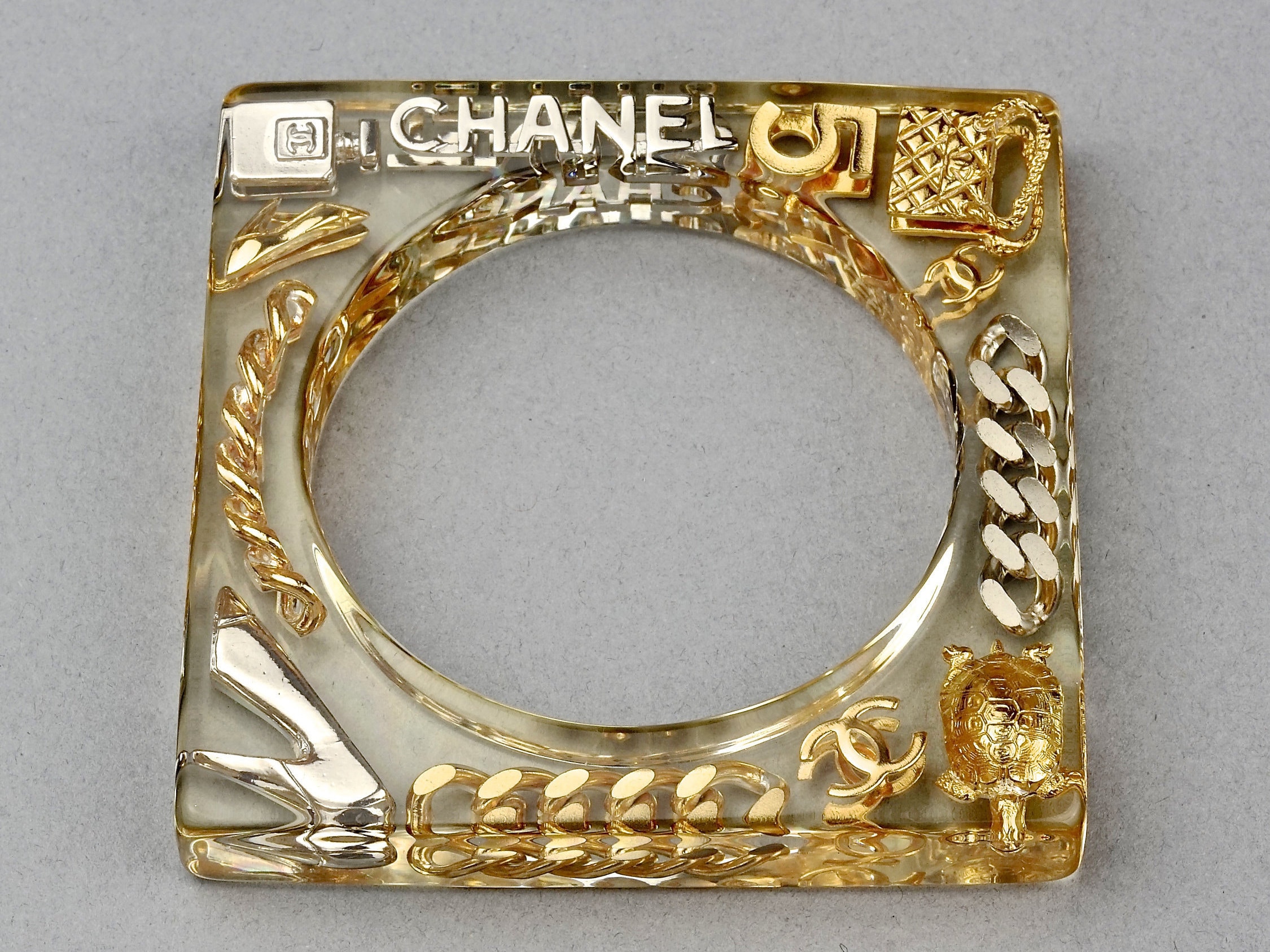 Vintage 1997 CHANEL Iconic Charms Lucite Plexi Square Bangle 