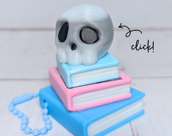 Porte-clés pile livre tête de mort, clic-clac Fidget pastel, cadeau livresque