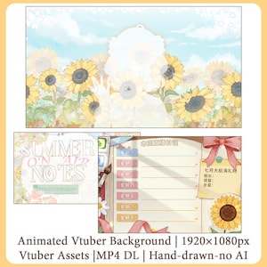 Puede incluir: Fondo animado de Vtuber con un campo de girasoles bajo un cielo azul. El diseño incluye un bloc de notas con texto y una ilustración de girasol. El texto dice "SUMMER ON AIR NOTES" y "Welcome to My Summer".
