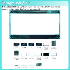 May include: A digital asset pack featuring a large teal and black tech-themed frame with a central white rectangle. Includes various modular UI components, chat boxes, and gaming layouts labelled for 16:9 and 21:9 aspect ratios in static and animated formats.