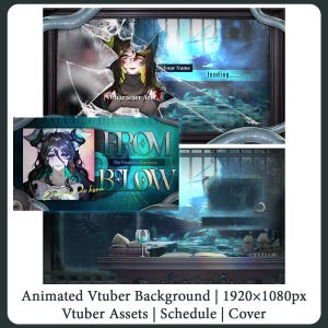 Puede incluir: Fondo animado de Vtuber con un tema oscuro y acuático. La imagen incluye arte de personajes, el texto "FROM BELOW" y una pantalla de carga. El fondo es de 1920x1080px e incluye activos de Vtuber, un horario y una portada.