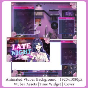 Puede incluir: Fondo animado para Vtuber en tonos morados y rosas. El diseño incluye ventanas de chat, un reloj digital que muestra 01/23 y una ilustración con el texto "LATE NIGHT". También se ven una guitarra y una estantería.