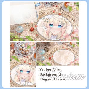 Puede incluir: Una ilustración digital que muestra a un personaje anime rubio con orejas puntiagudas y ojos azules dentro de un marco ovalado ornamentado, sobre un mantel de encaje con té, pasteles y flores. El texto dice Vtuber Asset, Background, Elegant Classic.