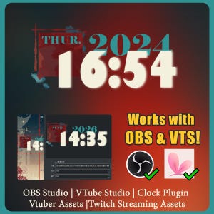 May include: Digital clock graphic with the time 16:54 and the date 2024. The image also includes the text "Works with OBS & VTS!" and mentions OBS Studio, VTube Studio, and Vtuber assets. The background is a gradient of red and teal.