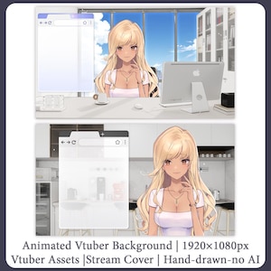 May include: Two animated Vtuber backgrounds are shown, one with an office setting and the other with a kitchen. Each background features a cartoon woman with blonde hair. The text on the image reads: Animated Vtuber Background | 1920x1080px Vtuber Assets | Stream Cover | Hand-drawn-no AI.