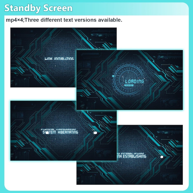 May include: A digital standby screen graphic featuring a dark blue background with cyan circuit board patterns. The text displays "LINK INITIALISING," "LOADING," "SYSTEM HIBERNATING," and "LINK ESTABLISHING" across four distinct screen variations.