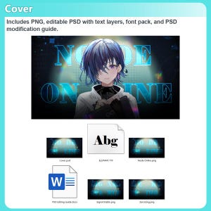 May include: A digital cover art package featuring an anime-style character with blue hair and purple eyes, set against a dark background with the text NODE ONLINE. Includes a PSD file, PNG images, a font file labelled ELEPHNT.TTF, and a Word document guide.