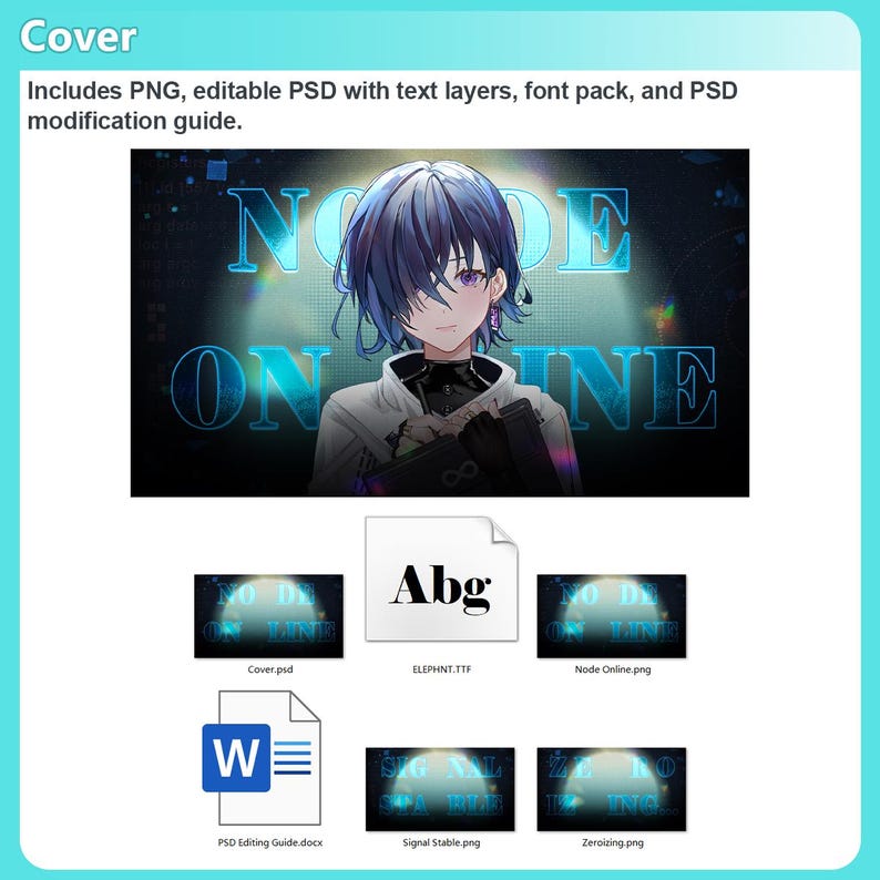 May include: A digital cover art package featuring an anime-style character with blue hair and purple eyes, set against a dark background with the text NODE ONLINE. Includes a PSD file, PNG images, a font file labelled ELEPHNT.TTF, and a Word document guide.