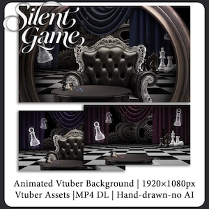 May include: A digital background for a virtual streamer, featuring a black leather armchair, chess pieces, and a checkered floor. The words "Silent Game" are displayed in a stylized font. The background includes gears and curtains.