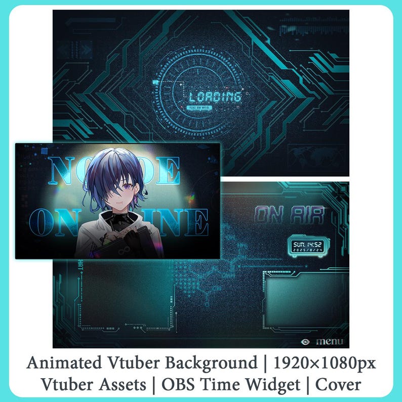 May include: A digital streaming overlay set featuring a dark teal circuit board pattern. It includes a loading screen, an 'ON AIR' display with a date and time widget, and a character graphic with the text 'NOW ONLINE' in a futuristic font.