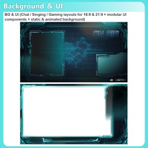May include: A digital interface kit featuring teal and black futuristic layouts for streaming. Includes a dark background with an ON AIR label, chat box, and menu button, plus a secondary frame with a large white centre area and circuit patterns.