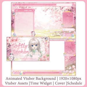 Puede incluir: Un fondo animado rosa para Vtuber con un tema de flor de cerezo. El diseño incluye un cuadro de chat, un horario y un widget de tiempo. La imagen presenta una niña con ojos azules y el texto "Softly Spoken".