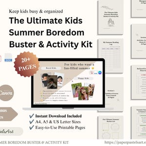 May include: The Ultimate Kids Summer Boredom Buster & Activity Kit, a digital product with over 20 pages. Includes printable pages in A4, A5, and US Letter sizes. The kit is designed to keep children busy and organised during the summer.