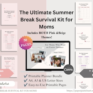 Può includere: Un pacchetto di pianificatore stampabile intitolato "The Ultimate Summer Break Survival Kit for Moms". Il kit include temi rosa e beige, 50 pagine e formati A4, A5 e US Letter. L'immagine mostra anche uno schermo di computer con il testo "For Moms Who Want an Easier Summer."