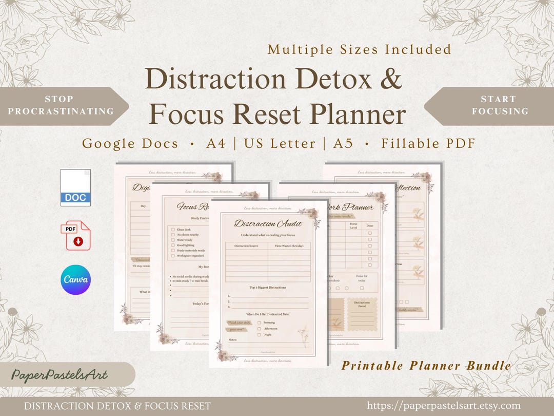 Personal Distraction Plan.pdf Distraction Detox Focus Reset Planner | Productivity Study PDF (digital ...