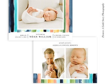 Birth Announcement Photocard | Blue Stripes