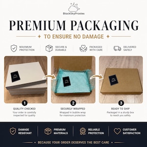 May include: Image showing the premium packaging process. The process includes quality checking, secure wrapping in bubble wrap, and packaging in a sturdy box. Text on the image reads "PREMIUM PACKAGING TO ENSURE NO DAMAGE".