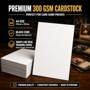 Cartoncino proxy MTG con anima nera, 300 g/m², formato A4, lucido, carta proxy TCG.