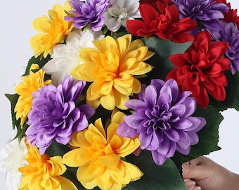 Fleurs de dahlia artificielles d'extérieur | 8 paquets de décorations printanières de couleurs mélangées