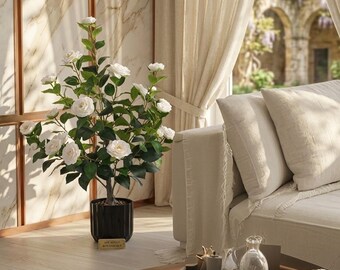 Lot de 2 camélias artificiels en pot - fausses plantes printanières blanches