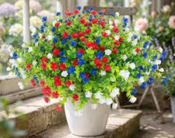 24 fleurs artificielles résistantes aux UV | Plantes d'extérieur rouges, blanches et bleues, décoration patriotique