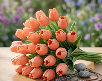 30 tulipes artificielles Real Touch | Fausses tiges florales printanières orange clair