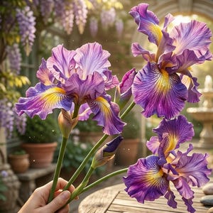 May include: Three vibrant purple and violet iris flowers with bright yellow centers and delicate veined petals. The flowers are attached to green stems, with one unopened bud visible, showcasing intricate ruffled edges and deep color gradients.