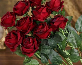 10 roses bordeaux en soie au toucher véritable, fleurs de mariage artificielles, décoration de fête à la maison