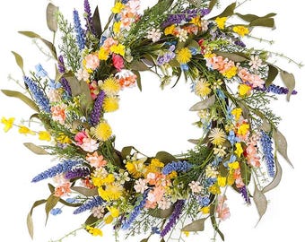 Couronne colorée de fleurs sauvages | Suspension florale pour porte de ferme printemps-été
