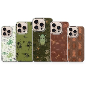 May include: A collection of five phone cases with insect-themed designs. The cases feature various insects in shades of green, brown, and white. The designs include beetles, butterflies, and other bugs, creating a nature-inspired aesthetic.