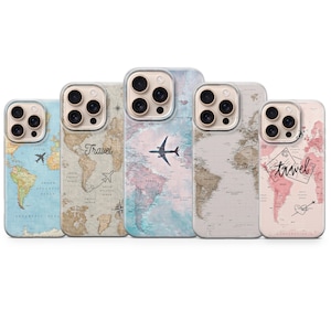 May include: Five phone cases with world map designs. The cases feature various color schemes, including blue, beige, and pink, with airplane and "Travel" text. The cases are designed to fit a smartphone.