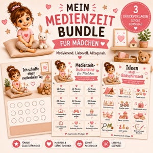 Może przedstawiać: Cyfrowy zestaw trzech arkuszy aktywności do druku dla dzieci, przedstawiający rysunkową dziewczynkę i królika. Zestaw zawiera planer dni bez ekranu, bony na czas przed mediami oraz listę pomysłów na aktywności z różowymi sercami.