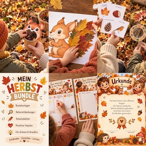 Könnte beinhalten: Ein Set aus herbstlichen Lern- und Bastelvorlagen mit dem Titel Mein Herbst Bundle, verziert mit Illustrationen von Eichhörnchen, Igeln und buntem Laub, inklusive einer Natur-Suchliste sowie einer Urkunde für kleine Entdecker.