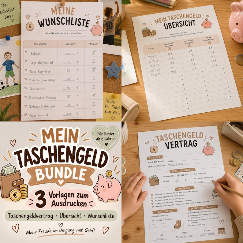 May include: A printable pocket money bundle featuring three documents: a wish list, a savings overview, and a pocket money contract. Each page includes illustrations of a piggy bank, coins, and a wallet, with German text headings like Meine Wunschliste, Mein Taschengeld &Uuml;bersicht, and Taschengeld Vertrag.