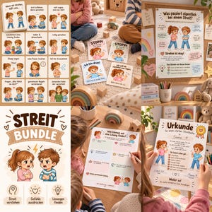 Könnte beinhalten: Ein Set aus pädagogischen Materialien für Kinder mit Illustrationen zweier Figuren in Konfliktsituationen, bestehend aus Karten, einem Plakat 'Was passiert eigentlich bei einem Streit?', einem 'Streit Bundle'-Deckblatt und einer 'Urkunde'.