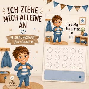 May include: A reward chart for children featuring the German text Ich ziehe mich alleine an. The design includes a cartoon boy in a blue striped shirt and jacket, a grid of fifteen empty circles for tracking progress, and blue heart accents.