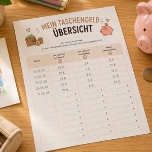 May include: A printed pocket money tracker sheet titled MEIN TASCHENGELD &Uuml;BERSICHT with columns for date, income, expenses, and total sum. The paper features illustrations of a wallet, coins, and a piggy bank, with handwritten entries in euros.