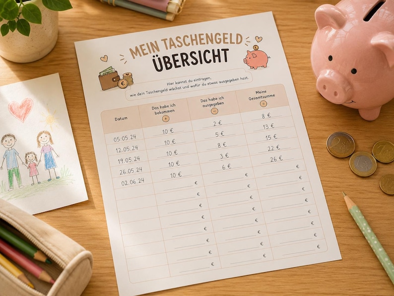May include: A printed pocket money tracker sheet titled MEIN TASCHENGELD &Uuml;BERSICHT with columns for date, income, expenses, and total sum. The paper features illustrations of a wallet, coins, and a piggy bank, with handwritten entries in euros.