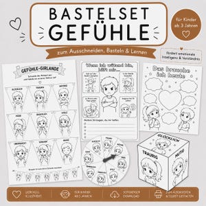 Könnte beinhalten: Ein schwarz-weißes Bastelset zum Ausdrucken mit dem Titel BASTELSET GEFÜHLE für Kinder. Es enthält Vorlagen für eine Gefühls-Girlande, ein Arbeitsblatt für Strategien, eine Tagesplan-Seite, ein Gefühls-Drehrad sowie einen faltbaren Würfel mit Illustrationen.