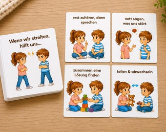May include: A stack of square cards and four individual cards featuring cartoon illustrations of two children. The text includes: Wenn wir streiten, hilft uns, erst zuhören, dann sprechen, nett sagen, was uns stört, zusammen eine Lösung finden, teilen & abwechseln.