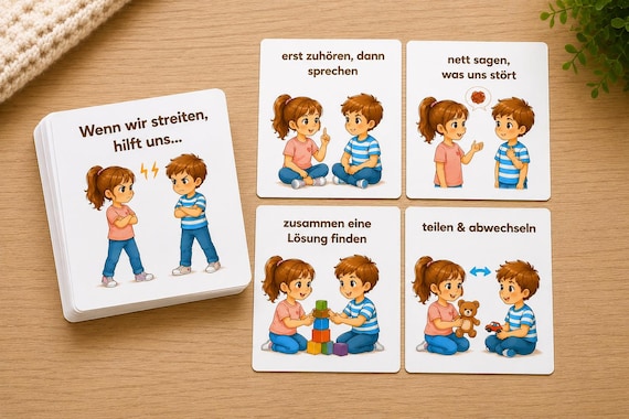 12 Streithilfskarten für Kinder | Gefühle verstehen & Konflikte lösen | Pädagogische Karten ab 3 Jahren | Kita und Schule | Sofortdownload