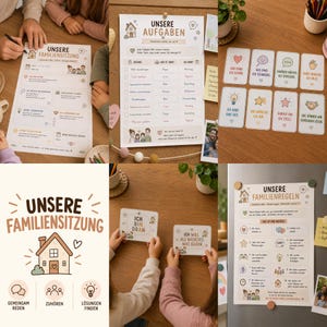 Könnte beinhalten: Eine Sammlung gedruckter Familien-Organisationshilfen, darunter Aufgabenpläne, Regelblätter und Kommunikationskarten mit deutschem Text. Die Artikel zeigen Illustrationen von Häusern, Herzen und Symbolen auf weißem Papier mit braunen und blauen Akzenten.