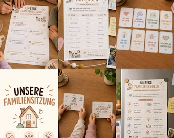 May include: A collection of printed family organisation tools including chore charts, rule sheets, and communication cards with German text. The items feature illustrations of houses, hearts, and icons, printed on white paper with soft brown and blue accents.