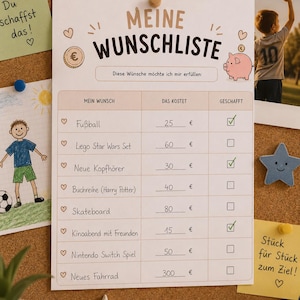 May include: A white paper wish list titled MEINE WUNSCHLISTE with a pink piggy bank illustration and a table listing items like soccer ball, Lego set, headphones, books, skateboard, movie night, game, and bicycle with prices in euros.