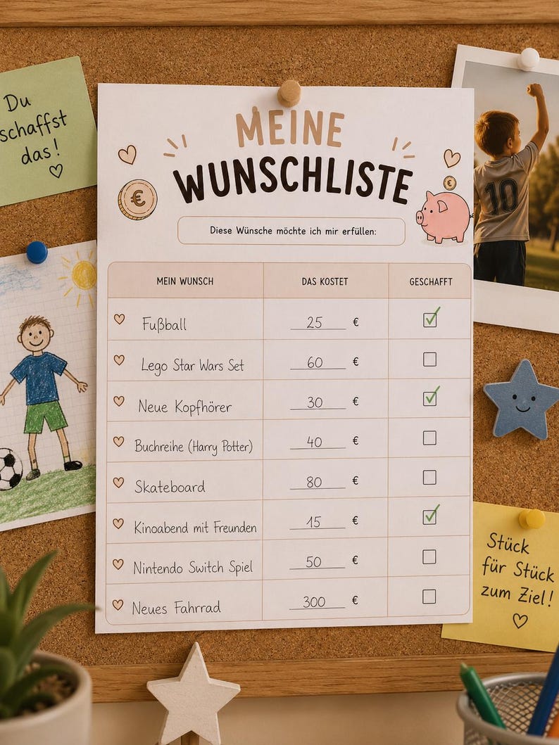May include: A white paper wish list titled MEINE WUNSCHLISTE with a pink piggy bank illustration and a table listing items like soccer ball, Lego set, headphones, books, skateboard, movie night, game, and bicycle with prices in euros.