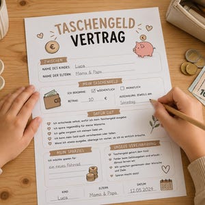 May include: A white paper document titled TASCHENGELD VERTRAG with sections for child and parent names, allowance details, savings goals, and agreements. The form features illustrations of a piggy bank, coins, and a wallet, with handwritten text in German.
