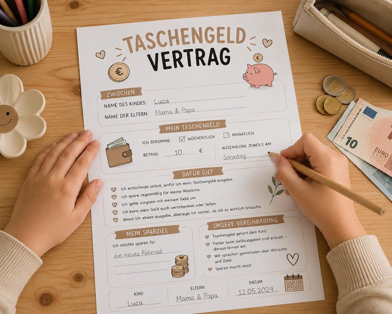 May include: A white paper document titled TASCHENGELD VERTRAG with sections for child and parent names, allowance details, savings goals, and agreements. The form features illustrations of a piggy bank, coins, and a wallet, with handwritten text in German.