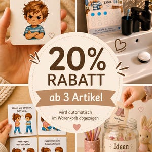 May include: A collection of educational cards and a glass jar labelled Ideen statt Bildschirmzeit, featuring illustrations of children in various social situations with German text, including a tooth brushing chart and conflict resolution cards.