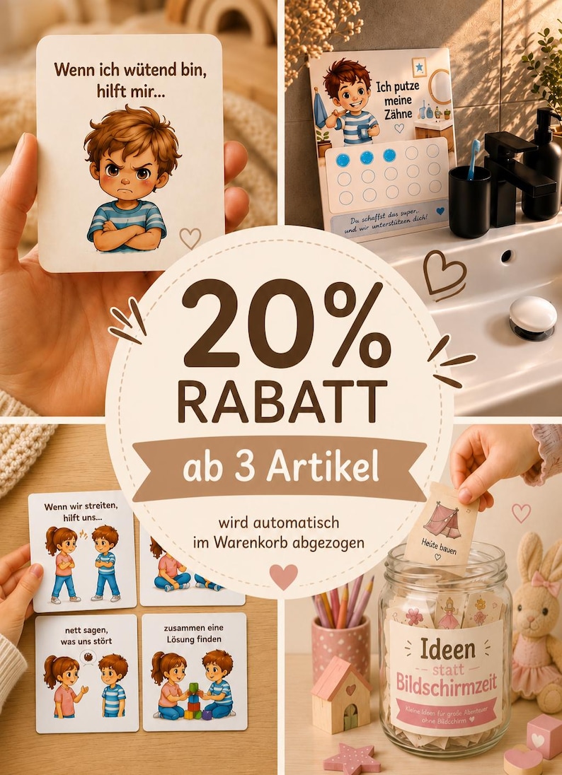 May include: A collection of educational cards and a glass jar labelled Ideen statt Bildschirmzeit, featuring illustrations of children in various social situations with German text, including a tooth brushing chart and conflict resolution cards.