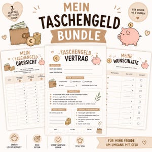 May include: A pocket money bundle set featuring three printed sheets: a budget overview, a contract, and a wish list. The pages are decorated with brown and pink illustrations of a wallet, coins, and a piggy bank, with German text throughout.